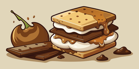 Cartoon S Mores Stack with Melted Chocolate and Graham Crackers