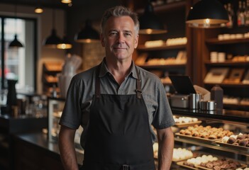 Fototapeta premium Chocolatier standing proudly in a dessert shop, showcasing his craft