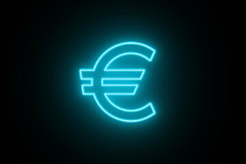 Neon glowing cyan color european euro currency icon on black background. Neon bright lighting euro line icon. Neon euro 3D icon on black background.