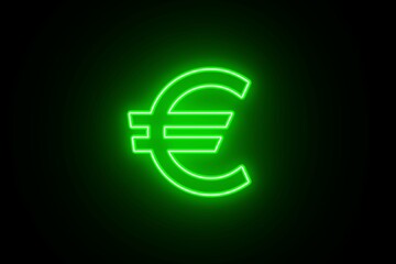 Neon glowing green color european euro currency icon on black background. Neon bright lighting euro line icon. Neon euro 3D icon on black background.