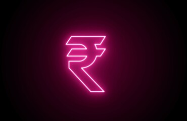 Neon glowing indian rupee icon on black background. Rupee currency symbol on black background