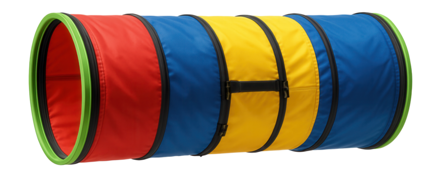 A multi-section play tunnel with detachable parts, allowing for creative configurations in a garden.