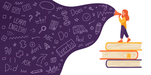 English. Girl on stack of books talking to megaphone with language doodle on white background. Female speaker. Teaching, translating, learning, education concept.
