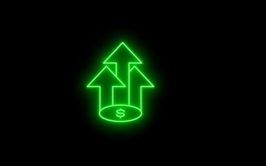 Neon Currency Rising Icons. Bright simple line art icon of an arrow pointing up over stacks of coins. Neon icon showing the number of stacked neon coins increasing. color arrow business finance coin.