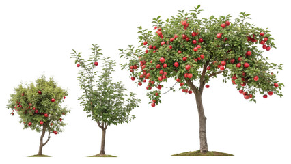 Three Apple Trees Growth Stages, Isolated on Transparent Background, Red Apples, Orchard, Plant, Apple tree, Fruit tree, Growth stages