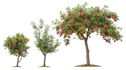 Three Apple Trees Growth Stages, Isolated on Transparent Background, Red Apples, Orchard, Plant, Apple tree, Fruit tree, Growth stages