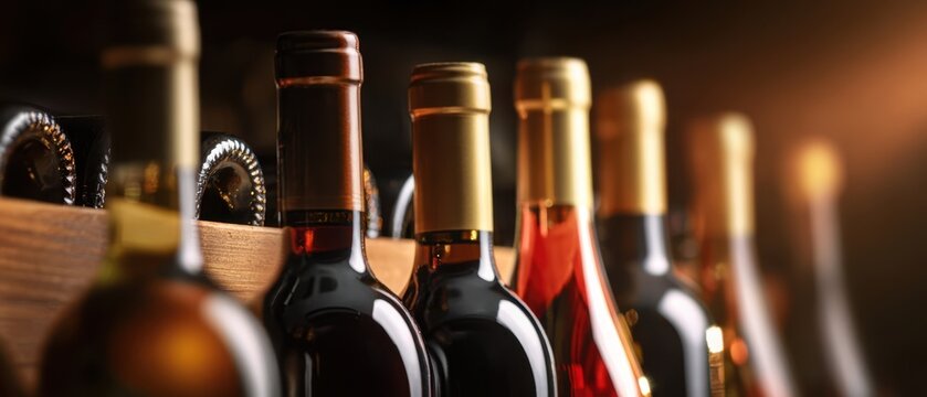 The exquisite collection of wine bottles glowing in a dimly lit setting.