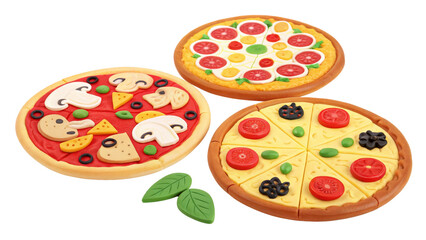Three Play Clay Pizzas Isolated on Transparent Background, Food, Toy, Pizza, Clay, Play Food