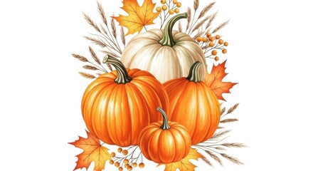Fototapeta premium Arrangement of gourds with foliage and berries on a plain background art