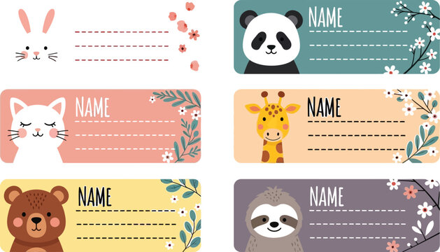 Cute animal name tag labels for kids school supplies personalized stickers bunny panda cat bear sloth giraffe