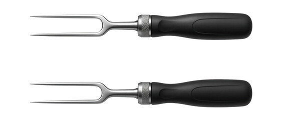 Adjustable grill forks with rotating handles to easily maneuver skewers on a restaurant grill.