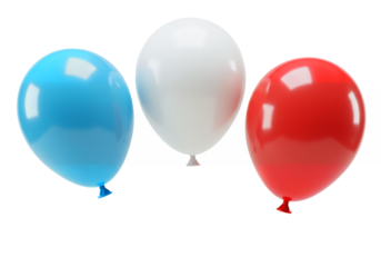 Three glossy balloons blue white and red float in a black void