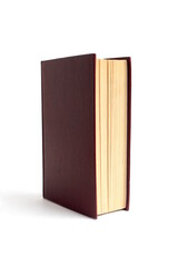 A half-open book stands on a white background.	