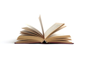 An open book lies on a white background.