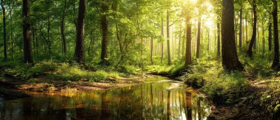 Obraz premium The Serene Forest Stream Bathed in Golden Sunlight