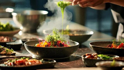 Chef preparing a gourmet salad dish in the kitchen, 4k video - Powered by Adobe