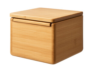 Bamboo storage box with a sliding lid for storing kitchen utensils.