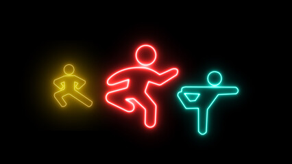 Neon line Yoga stretch pose outline icon, isolated on black background.
