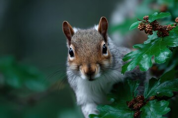 Obraz premium Gray squirrel peeking out from green leaves