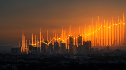 Fototapeta premium Market growth visualization urban skyline infographic evening horizon aerial perspective economic trends