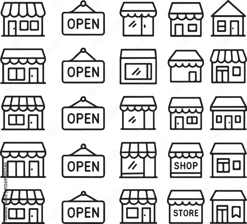 Poster collection of simple line art icons representing various storefronts open signs and shop buildings o