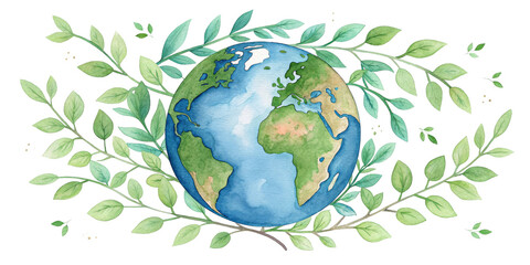 Watercolor Earth Globe with Green Leaves, Isolated on Transparent Background, Environment, Planet, Ecology