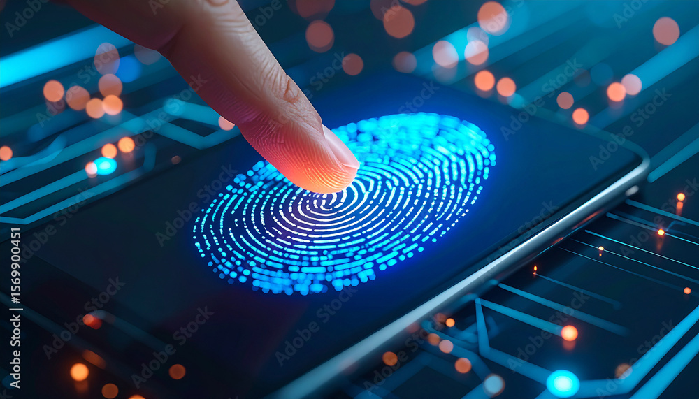 Poster fingerprint scan on smartphone: a fingertip gently touches a smartphone screen displaying a glowing 