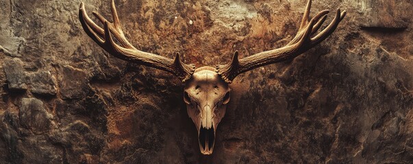 Mounted Deer Skull with Antlers on Rustic Stone Wall