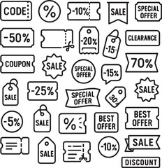 Obraz premium Collection of black and white line art icons representing sales discounts coupons special offers and clearance tags for retail marketing