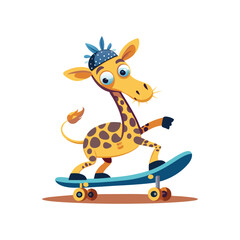 Funny giraffe riding a skateboard with one hoof raised, scared facial expression, animal cartoon vector on white background