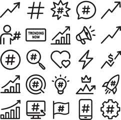 Collection of black line art icons representing trending topics social media engagement growth and popular concepts on a white background