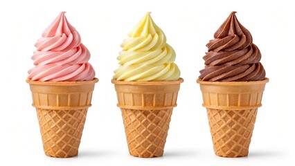 Three Delicious Soft Serve Ice Cream Cones: Strawberry, Vanilla, Chocolate;  Studio Shot, White Background