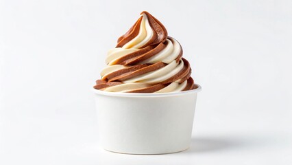 Delicious Vanilla and Chocolate Swirl Frozen Yogurt in a White Cup, Close-Up Studio Shot