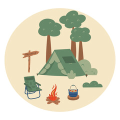 Camping circle composition. Hand drawn camping round icon