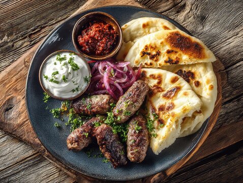  Plate of Traditional Bosnian Ćevapi (Ćevapčići), served with Fluffy Somun Bread, chopped Raw Onions, Ajvar, and Sour Cream, placed on a rustic wooden table, soft natural daylight, 4k food image