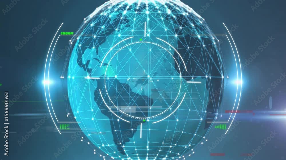 Poster dark blue backdrop starting wireframe globe, rings fading and reticle pulsing visualizing network