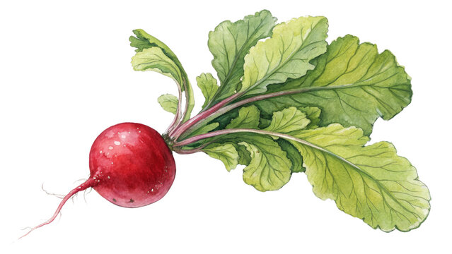 Watercolor Radish with Greens, Isolated on Transparent Background, Botanical Illustration, Farm Fresh Produce, Radish, Watercolor, Vegetable