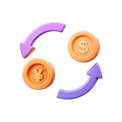 3d currency exchange icon with dollar and yen symbols isolated on transparent background