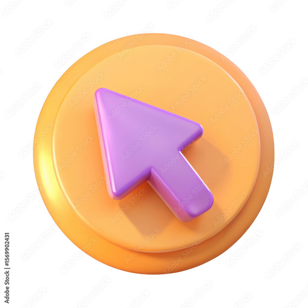 Poster 3d purple cursor icon on orange button isolated on transparent background