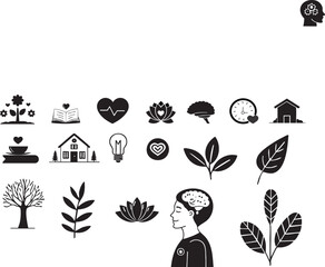 black wellness icon set with brain, leaf, heart, home, book, yoga lotus, mental health and nature care symbols in minimalist silhouette flat design style