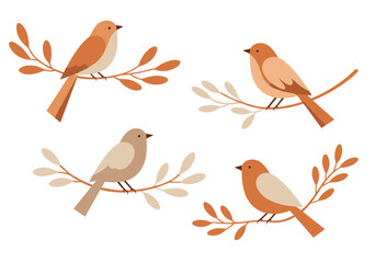 Four illustrated birds perched on branches with leaves in autumn colors  