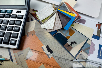 wooden material samples on house project sketch