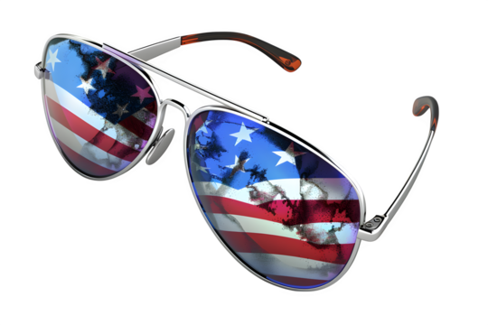 High-Gloss Patriotic Sunglasses with Waving Banner Reflections in Lenses isolated to transparent background
