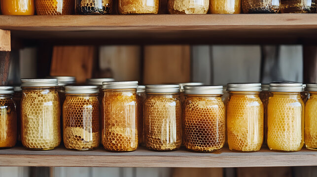 estante de madera con frascos de miel con trozos panal de abejas alimentos saludable medicinal y natural apicultura y envasado para la venta 