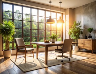 Fototapeta premium Modern Home Office with Large Windows and Indoor Plants