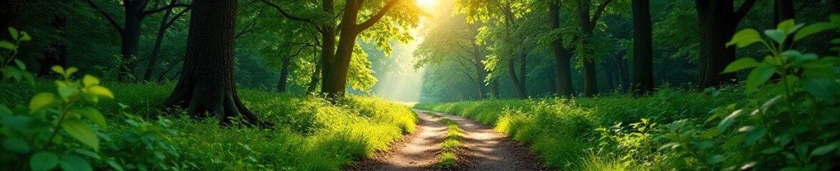 Sun-Dappled Path Through Lush Green Forest A Peaceful Journey of Adventure and Exploration