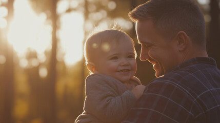 Father holding his toddler in warm sunlight, moment filled with emotional connection and a genuine smile — perfect for lifestyle photography, parenthood, and family themes. Generative AI.