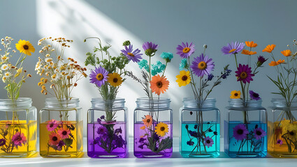 Vibrant assortment of colorful flowers arranged in glass jars with colored water