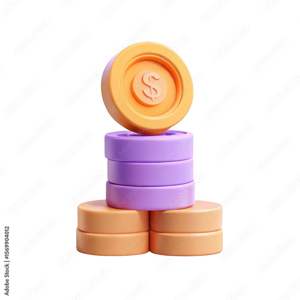 Poster 3d stack of coins with dollar sign isolated on transparent background