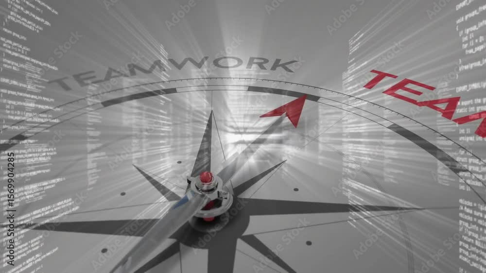 Poster streaming code panels and light rays starting compass needle rotating under teamwork showing unity